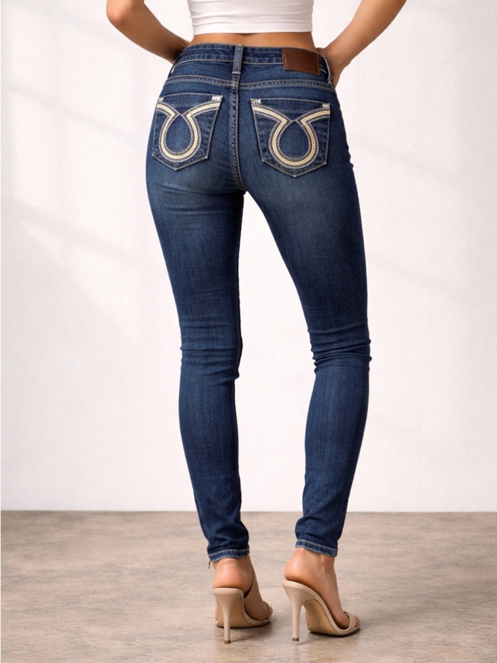 Y2K Dark Wash Embroidered Skinny Jeans Low Rise Indie Grunge